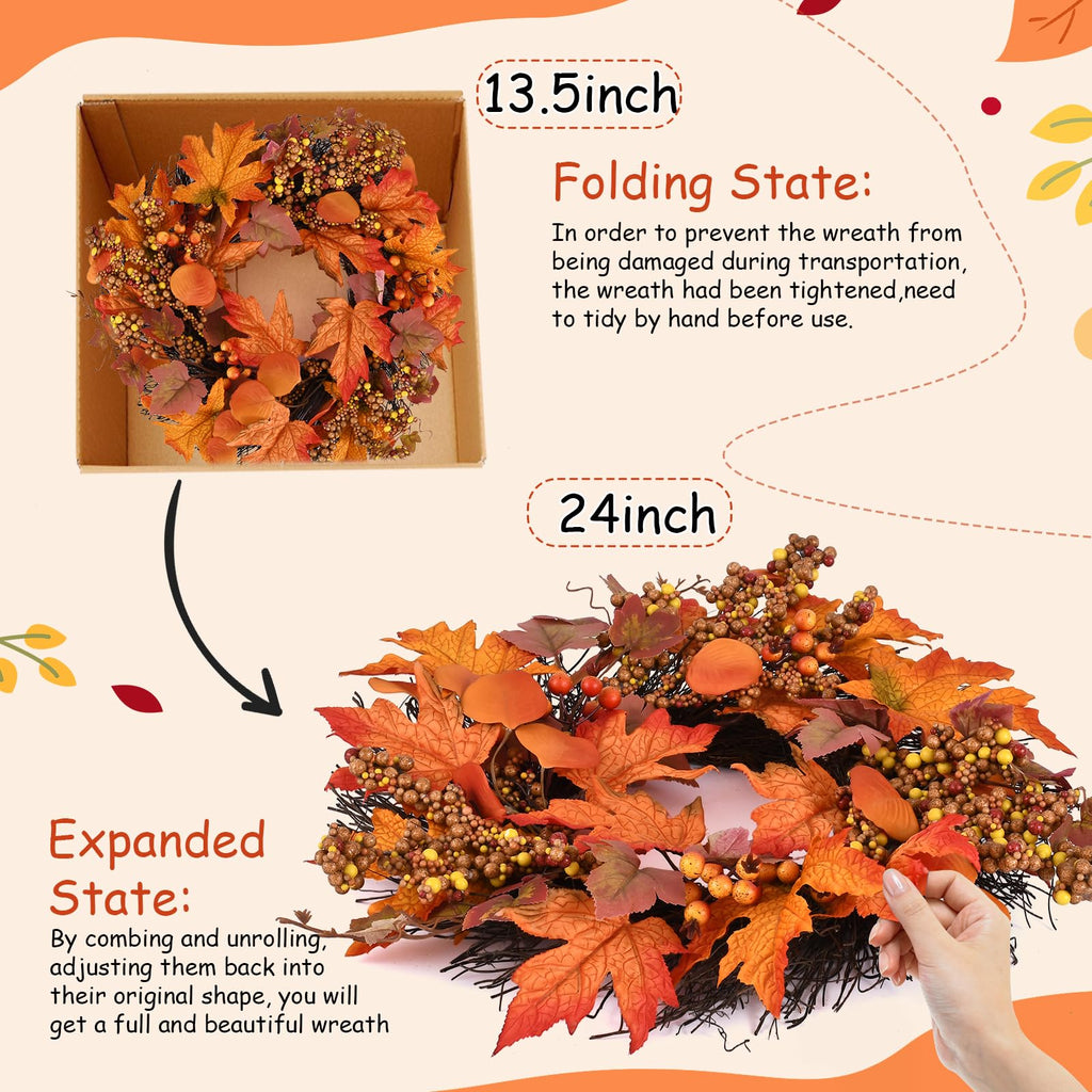 24 lnch Artificial Fall Wreath for Front Door Autumn Wreath with Hanger