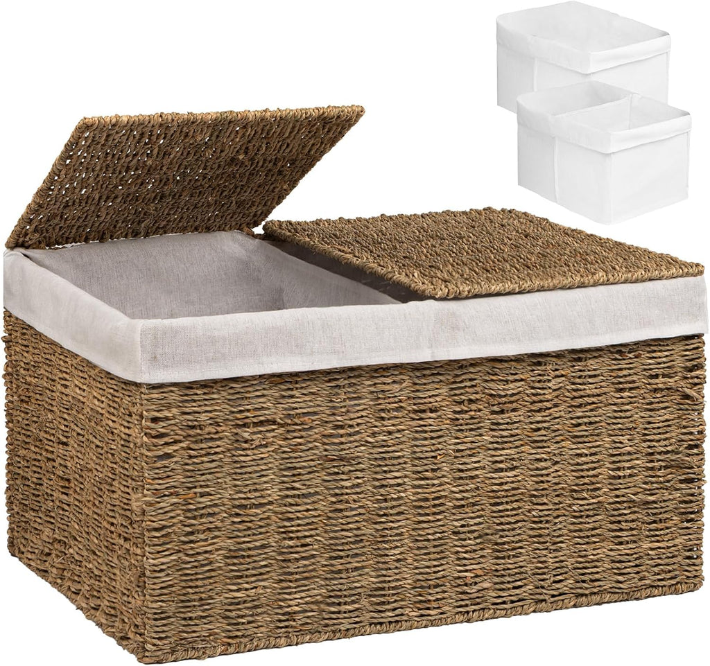 Handwoven Wicker Storage Basket with 2 Lids & Liners, Large Shelf Basket for Clothes, Toys, Blankets, Foldable