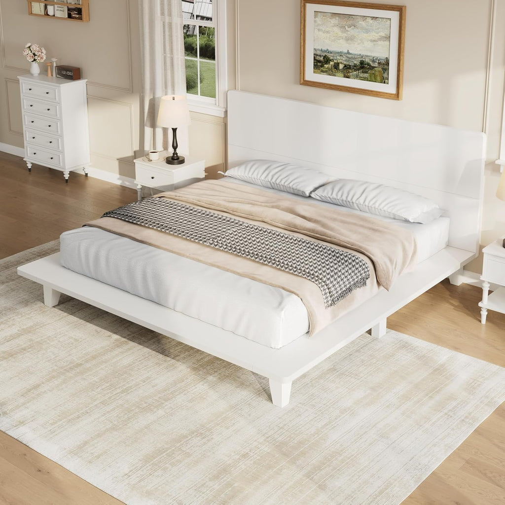 King Size Wooden Bed Frames with White Headboard, Japanese Pine Wood Platform Bed, Rustic & Mid-Century Modern