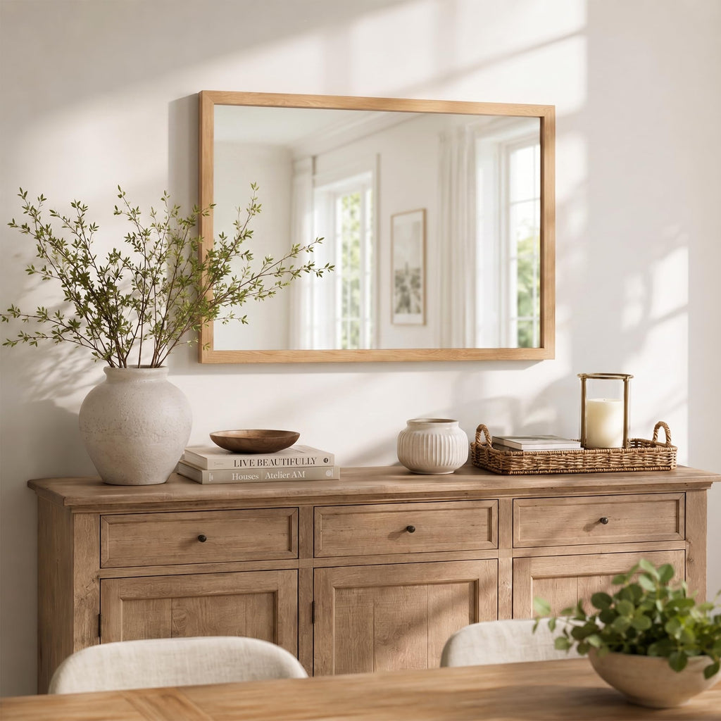24"x36" Natural Wood Tone Wall Mirror for Over Sink, Lightweight Boho Bathroom Vanity Mirror, Scandi Faux Wood