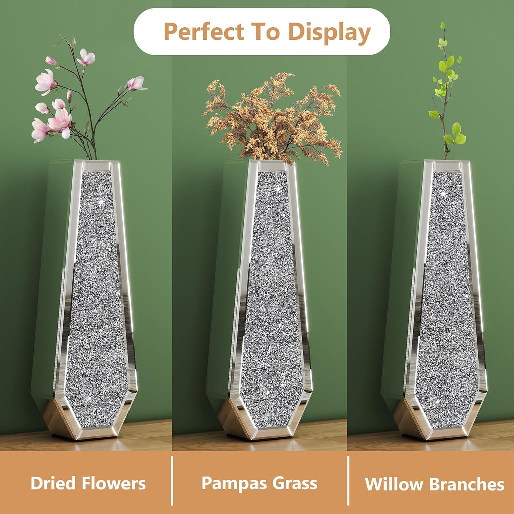 30" Floor Vase Crushed Diamond Mirrored Vase Silver Tall Vases for Floor, Large Crystal Glass Decorative Floor Vases