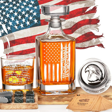 Whiskey Decanter Engraved We The People American Flag, 750ml Whiskey Decanter Set with 2 Glasses, Fathers Day