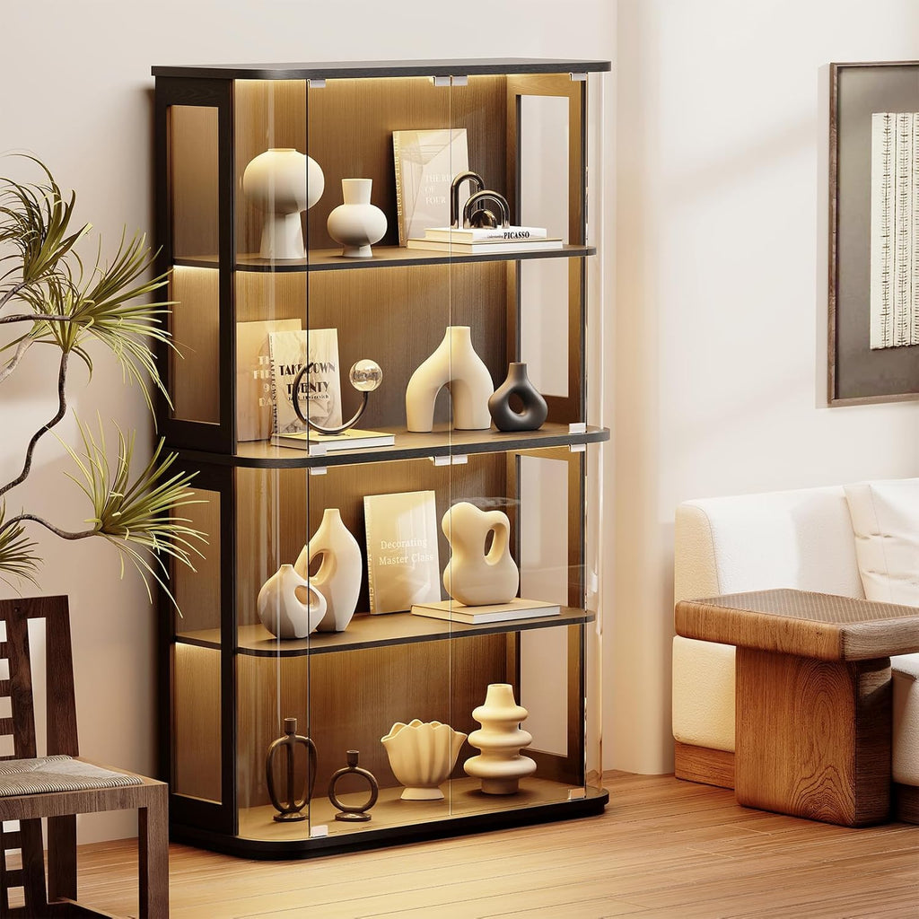 Large Rounded Display Cabinet with Glass Door & Lights, Black | 4-Tier Curio Cabinet with 3 Color Lights for