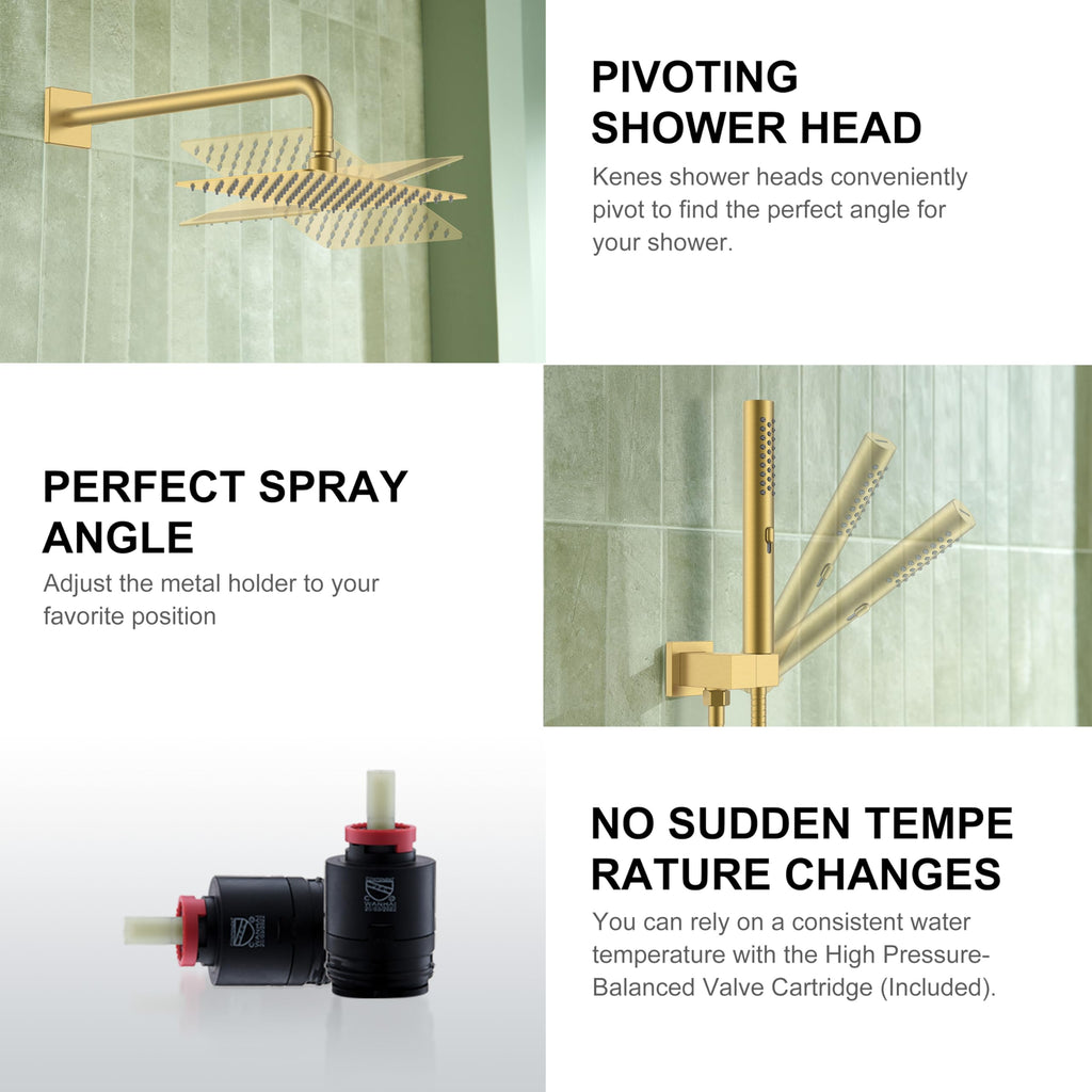 Brushed Gold Square Rainfall Shower System Faucet Set with Handheld