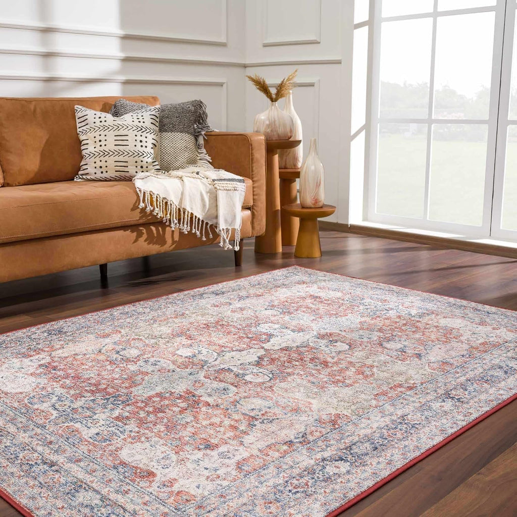 Ambre Living Room, Bedroom Machine Washable Area Rug - Floral Medallion Border Distressed Faded - Oriental