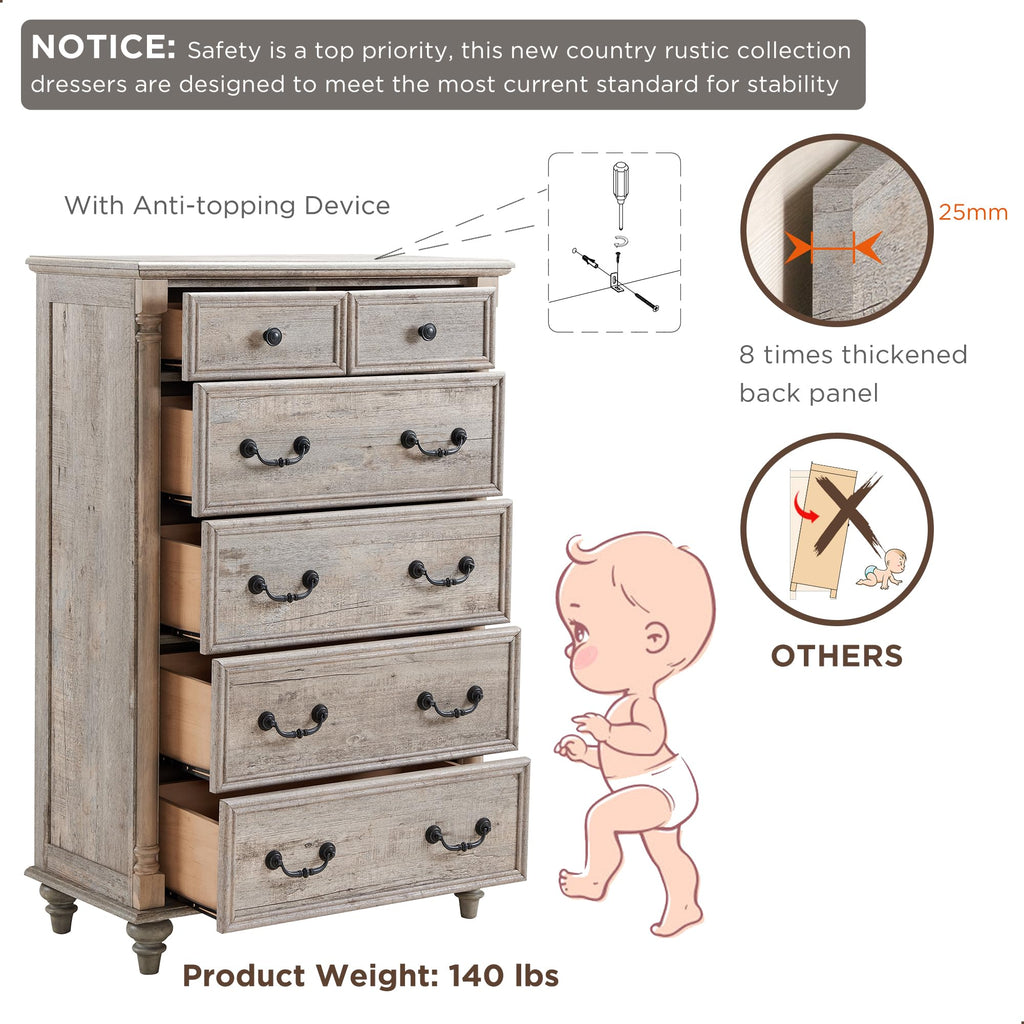 Farmhouse 6-Drawer Dresser with Solid Wood Feet, Light Rustic Oak
