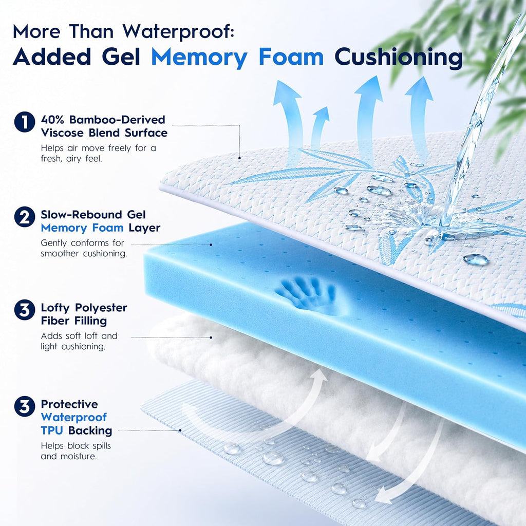 Waterproof Mattress Pad Queen Size, Cooling Mattress Protector for Hot Sleepers Made with Bamboo Viscose, Cloud-Soft