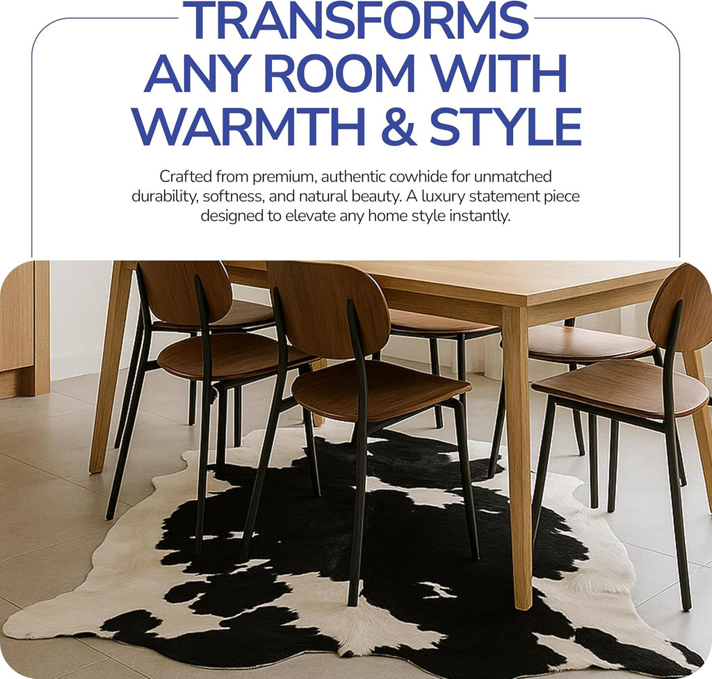 100% Genuine Cowhide Rug - Black & White Cow Hide Area Carpet - Animal Rugs & Western Home Decor - Real Cowhide Rug