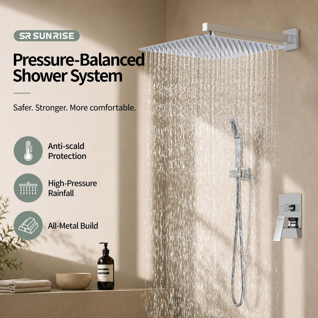 Shower Faucet Set 16-Inch Rainfall Shower Head Polished Chrome