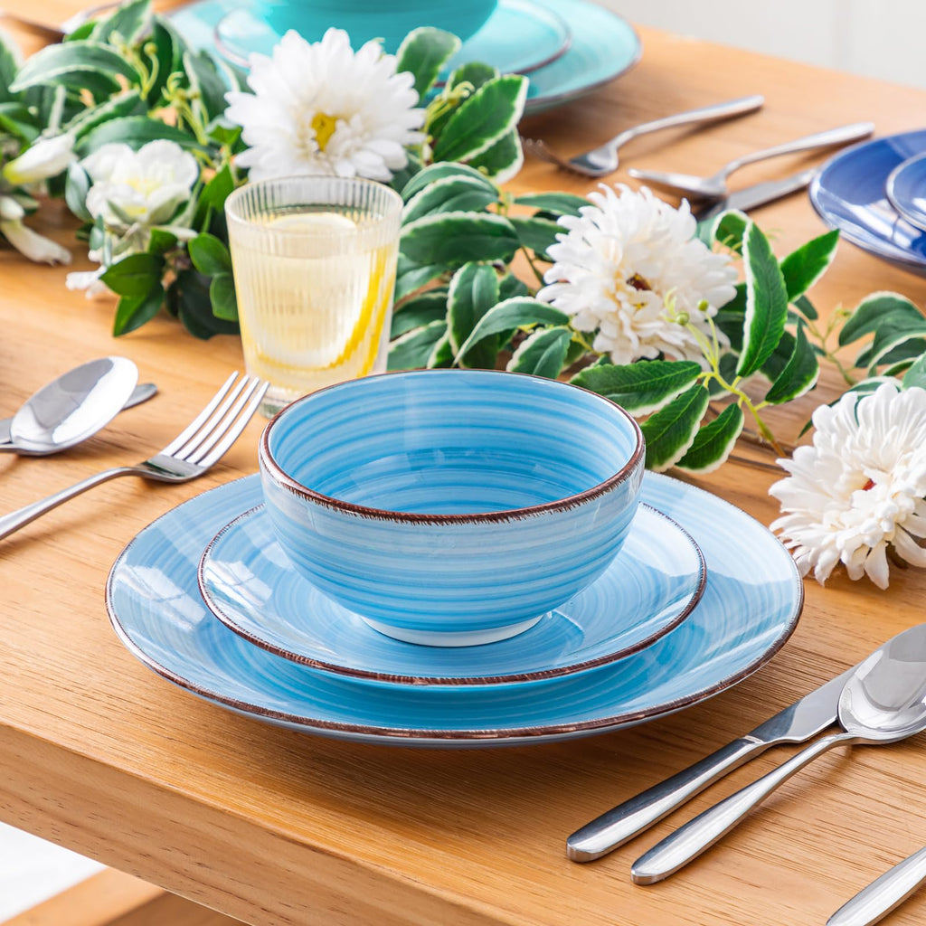 Bonita Plates and Bowls Set 18 Pieces Blue Stoneware Service for 6