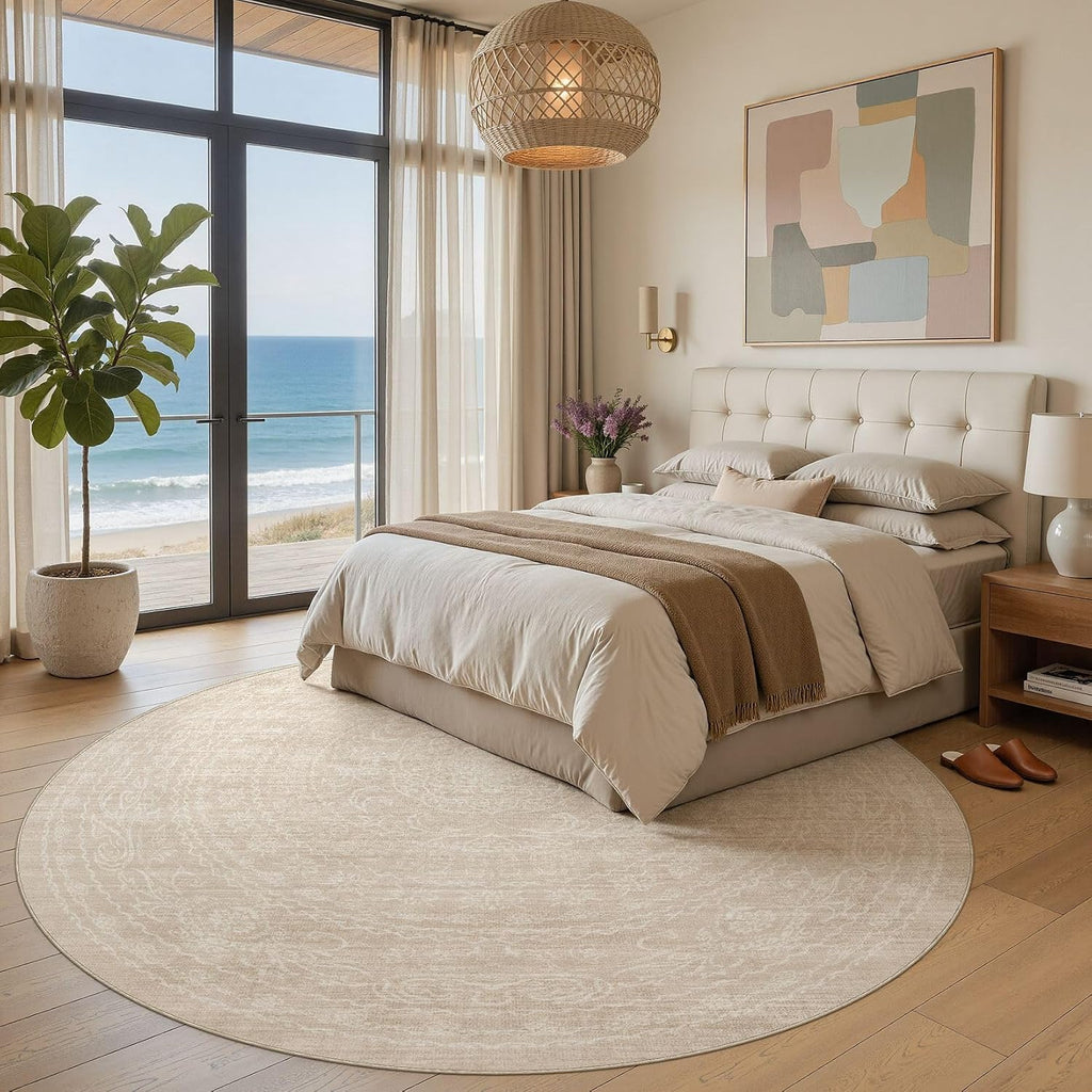 Neutral 8x8 Round Area Rugs Living Room Washable Rug, Beige