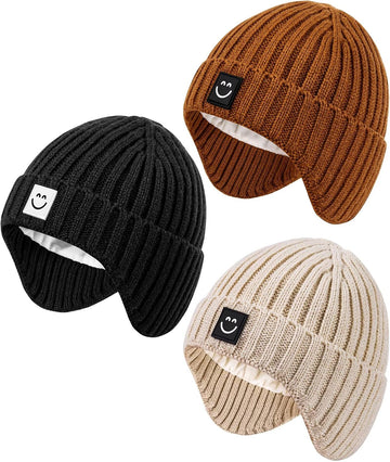 3 Pack Baby Beanie Hats with Earflaps, 2 Size Baby Winter Hat for Toddler Kids, Fleece Lined Knit Hat for Girls Boys