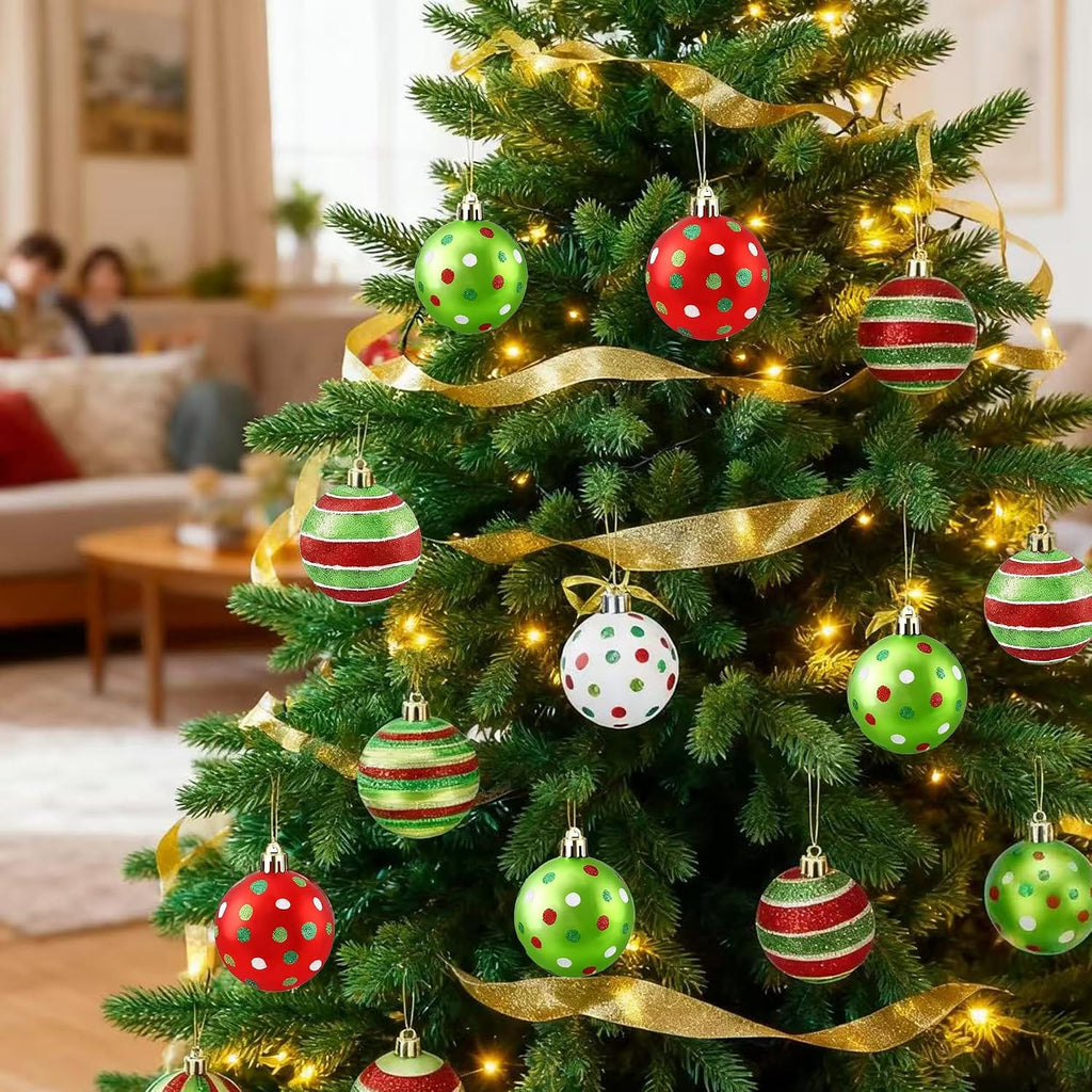 Christmas Ball Ornaments 2.4"- Dazzling Shatterproof Xmas Tree Balls, Abundant Red/Green/White Pre-Tied - Set of 24