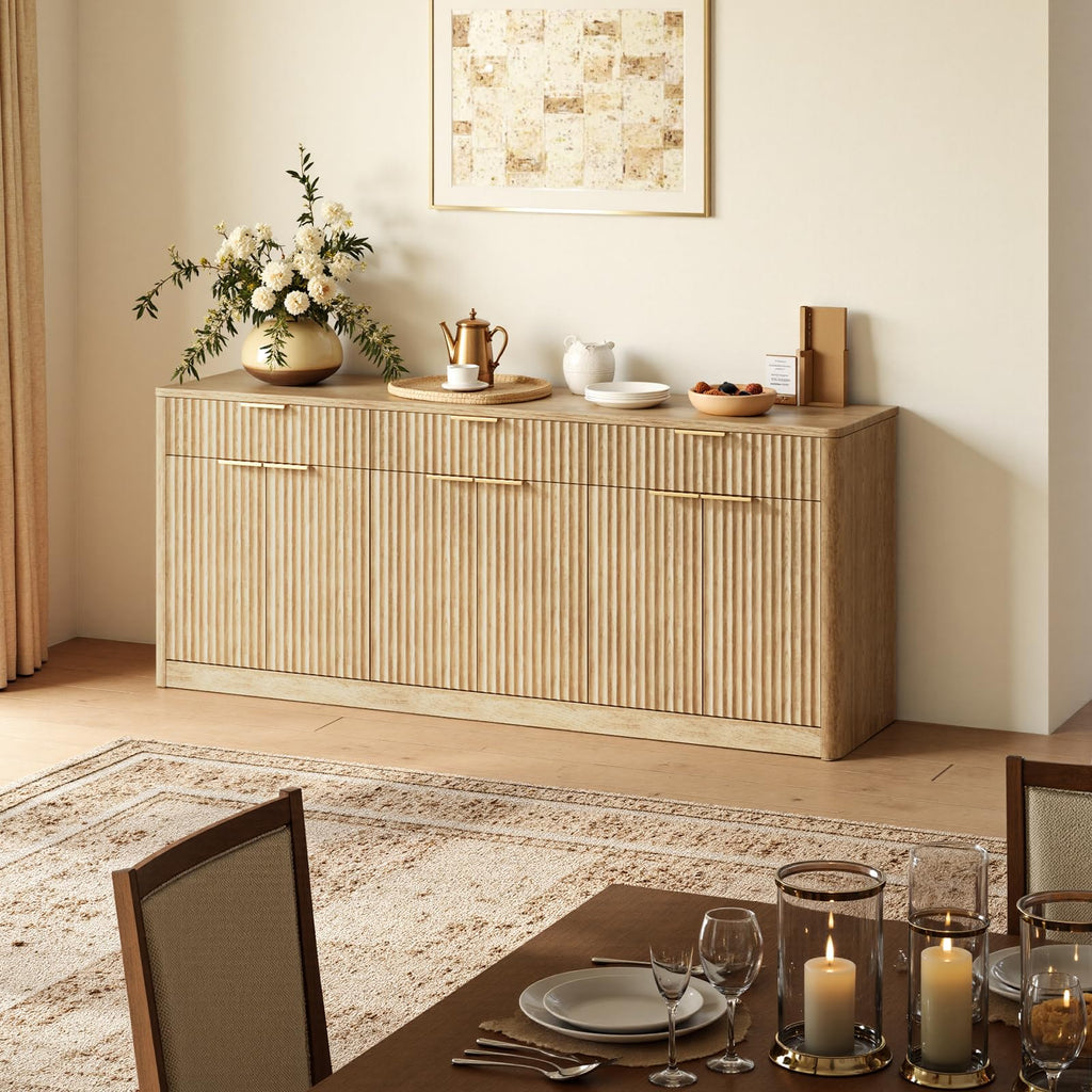 67" Fluted Oak Sideboard Buffet Cabinet with 3 Drawers
