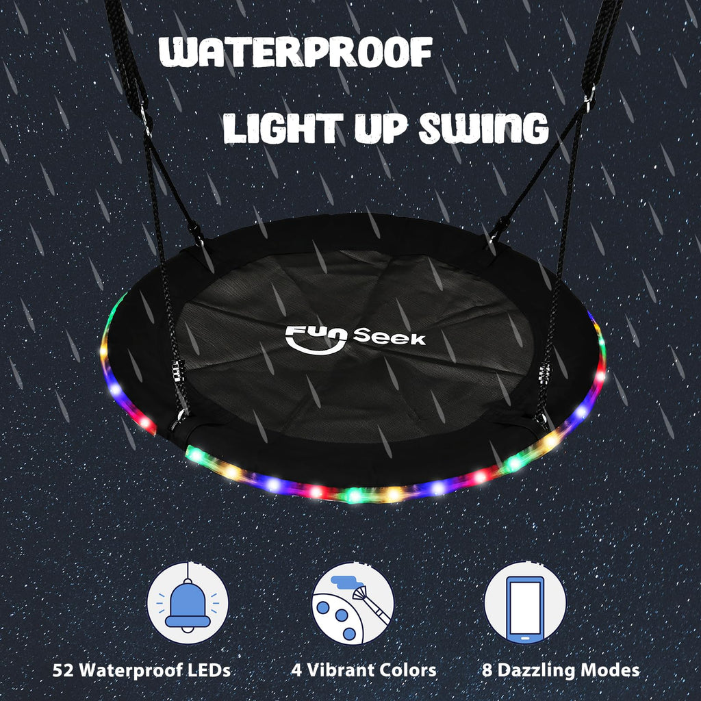 40 Inch Tree Swing with LED Light for Kids, 900lbs Flying Saucer Swing, with Adjustable Hanging Straps, for Indoor
