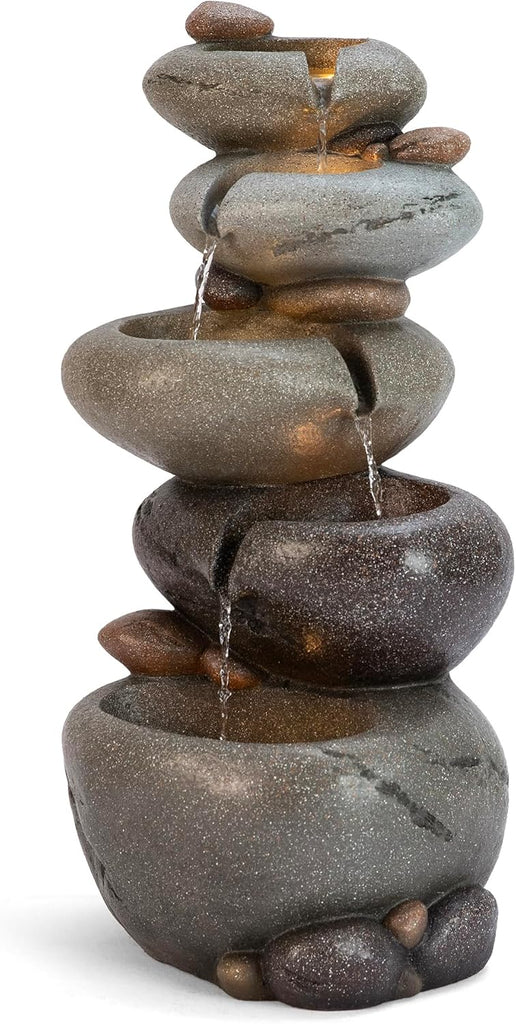Water Fountain Outdoor, 5-Tiered Stacked Pebbles Outdoor Fountain with LED Lights and Pump, 24.5" H Zen Style