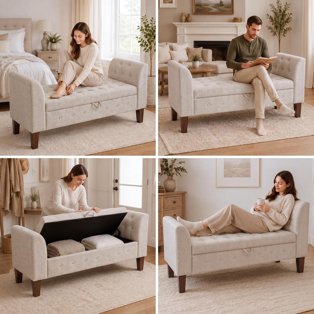 Upholstered Storage Bench with Arms Ottoman Bench Entryway Living Room Khaki