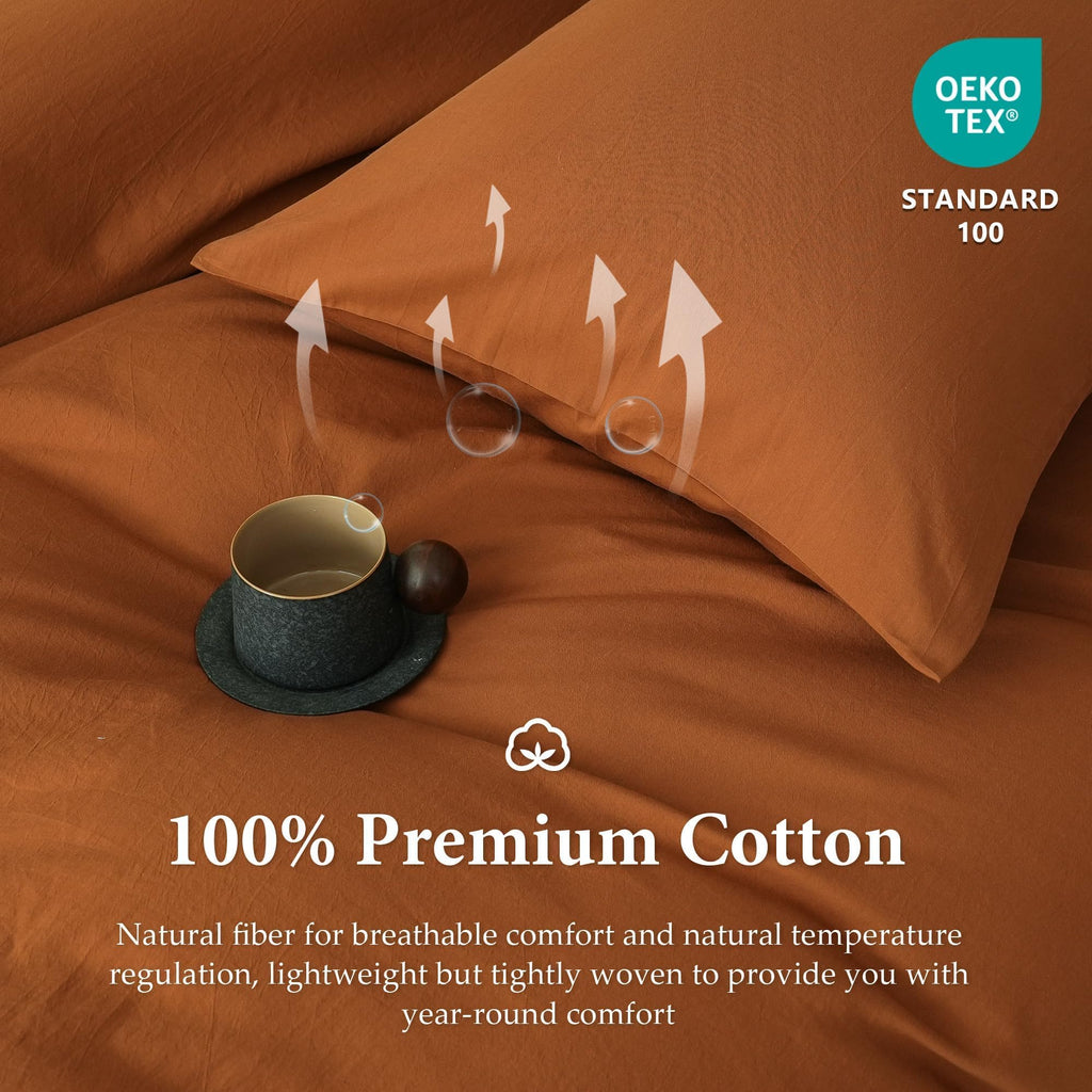 100% Washed Cotton Duvet Cover Set 3pcs Linen Feel Duvet Cover Breathable Durable Comfy Twill Bedding