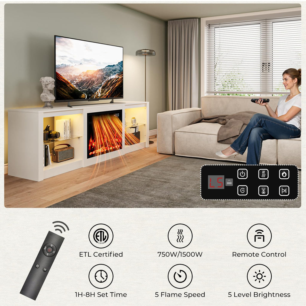 70 Inch Fireplace TV Stand for TVs up to 80 Inch with 23" Electric Fireplace, Modern Entertainment Center with Glass