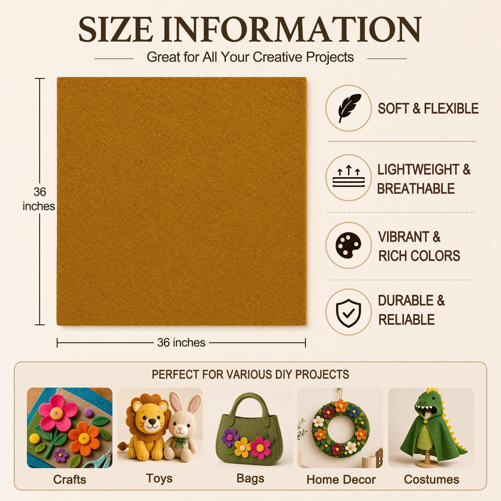 Antique Gold Large Felt Fabric 36" x 36", 1.4mm Soft Felt Sheet
