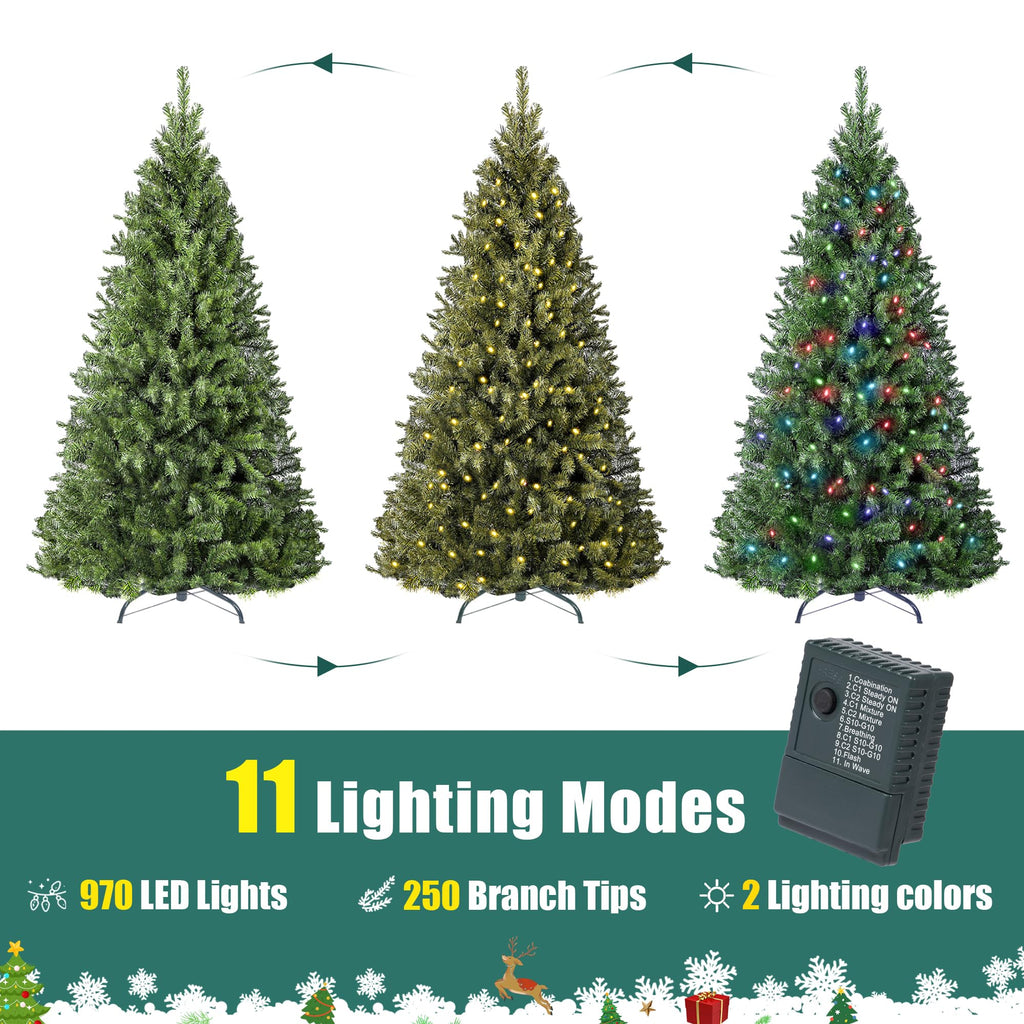 6ft Pre-Lit Christmas Tree, Green Artificial Full Spruce Christmas Tree, Party Decoration w/ 970 Branch Tips, 250