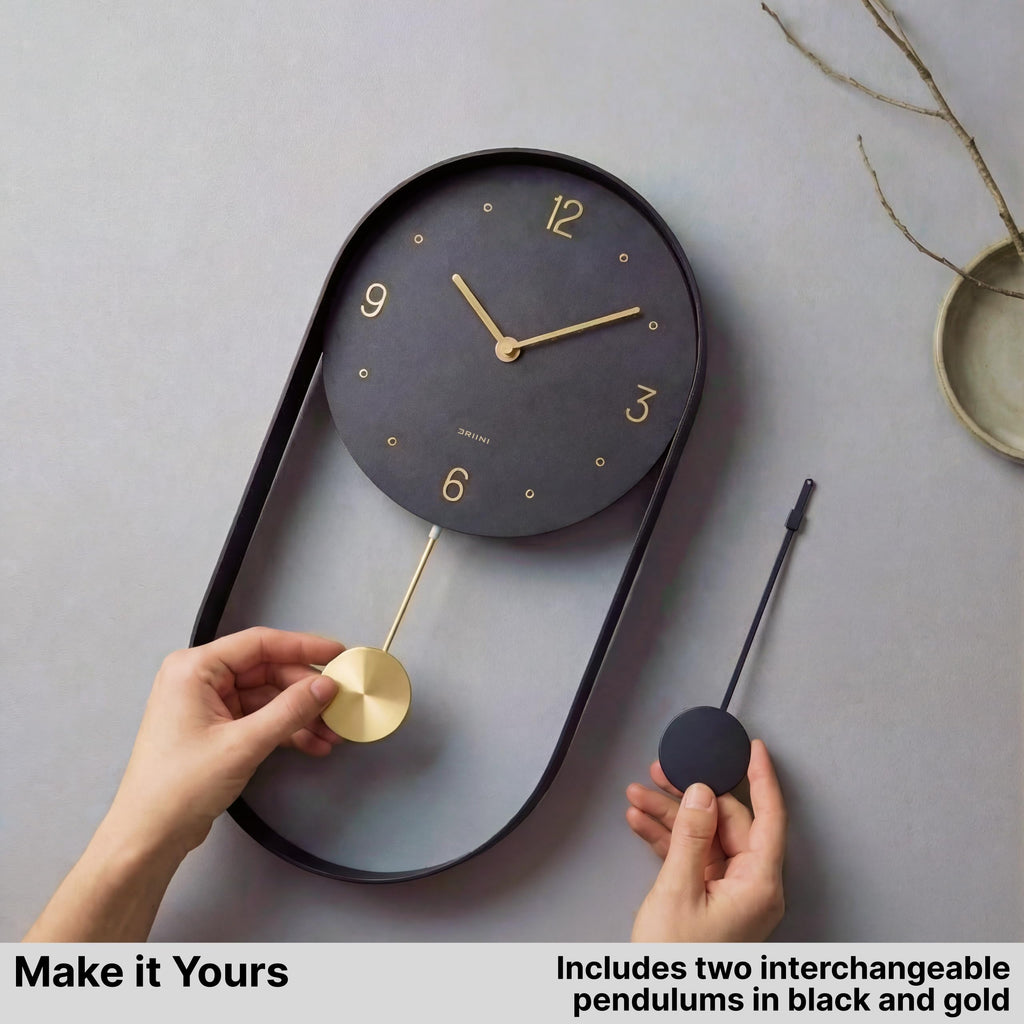 Modern Pendulum Wall Clock - Small Vertical Design in Black and Gold
