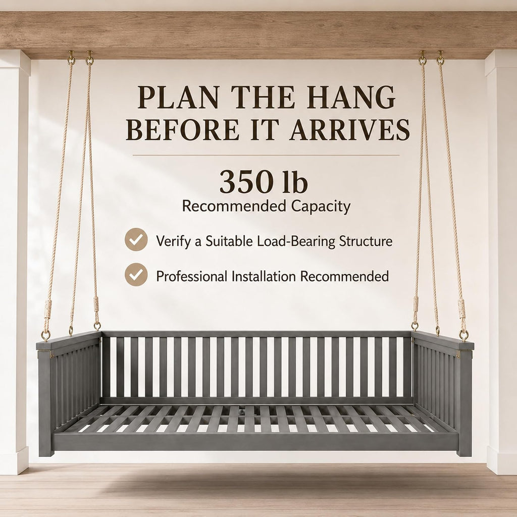 Outdoor Porch Swing Bed, Twin Size Acacia Wood Daybed (Gray) | Acacia Wood Frame, Hemp Ropes, Fits Twin Mattress
