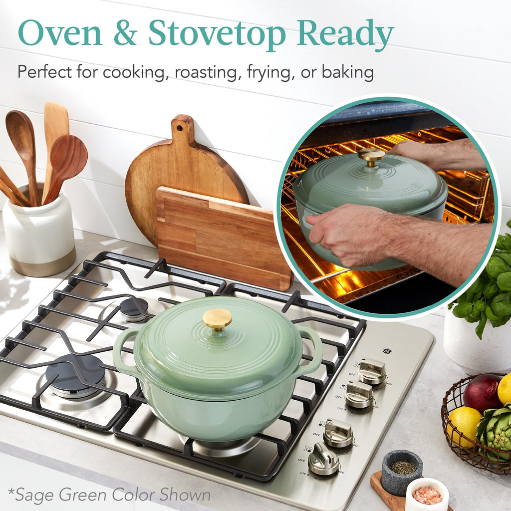 6 Quart Enamel Cast-Iron Round Dutch Oven, Family Style Heavy-Duty Pre-Seasoned Cookware, Oven Safe w/Lid, Dual