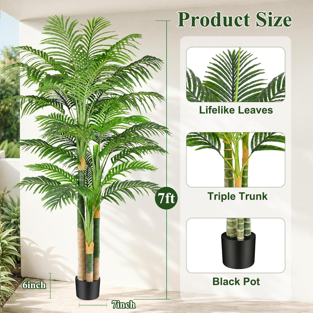 7ft Triple Golden Cane Palm Artificial Tree, Tall Faux Palm Tree with 33 Realistic Leaves, UV Resistant Fake Tropical
