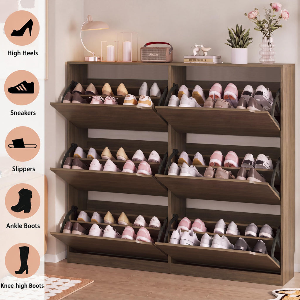 Walnut Hidden Shoe Storage Cabinet with 6 Flip Drawers