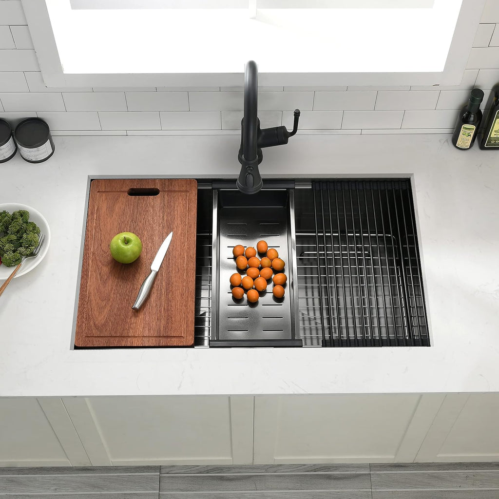 32x19 Black Undermount Kitchen Sink, 32 Inch 16Gauge Black Stainless Steel Undermount Kitchen Sink, Single Bowl