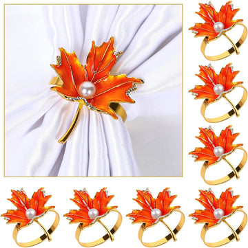 Maple Leaves Napkin Ring Holders Fall Thanksgiving Autumn Leaf Napkin Buckle with Faux Pearl Metal Dinner Table - Set of 8
