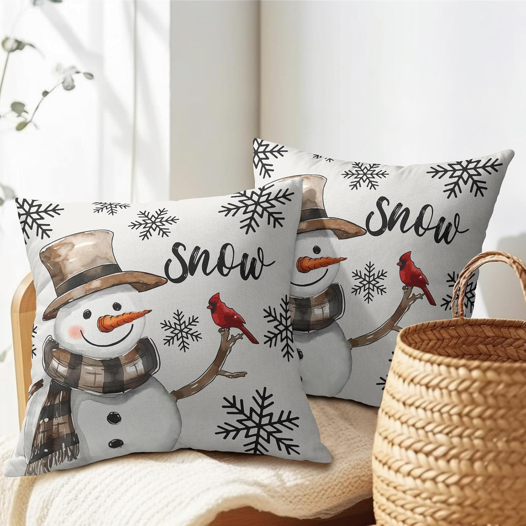 Snowman Throw Pillow Cover Christmas Pillowcase 18x18 Inch Snowflake and Red Cardinal Bird Decorative - Set of 2