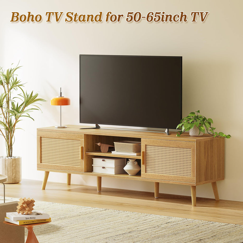 Boho TV Stand for 65 Inch TV, Entertainment Center with Adjustable Shelf, Rattan TV Console with 2 Cabinets, Media