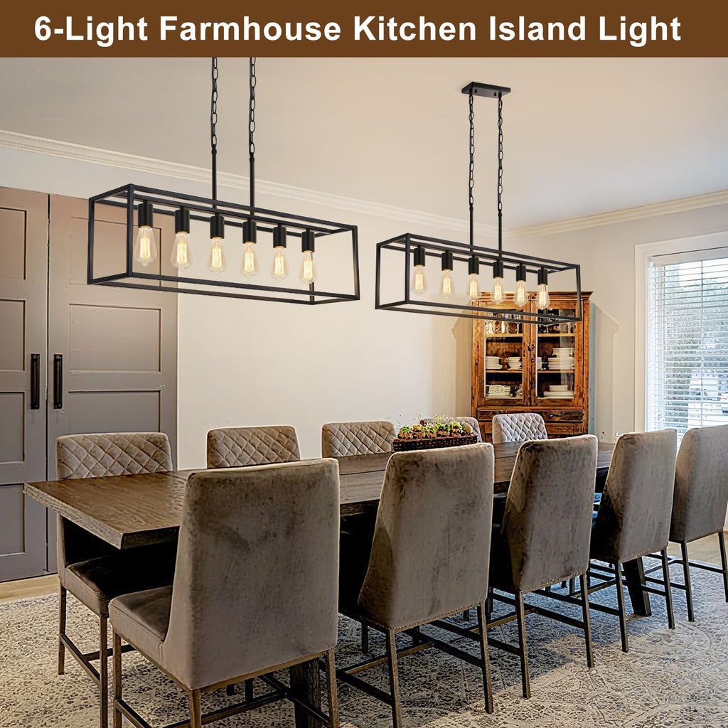 6 Light Black Chandeliers, Adjustable Height Linear Chandelier Kitchen Light Fixture, Modern Farmhouse Chandelier