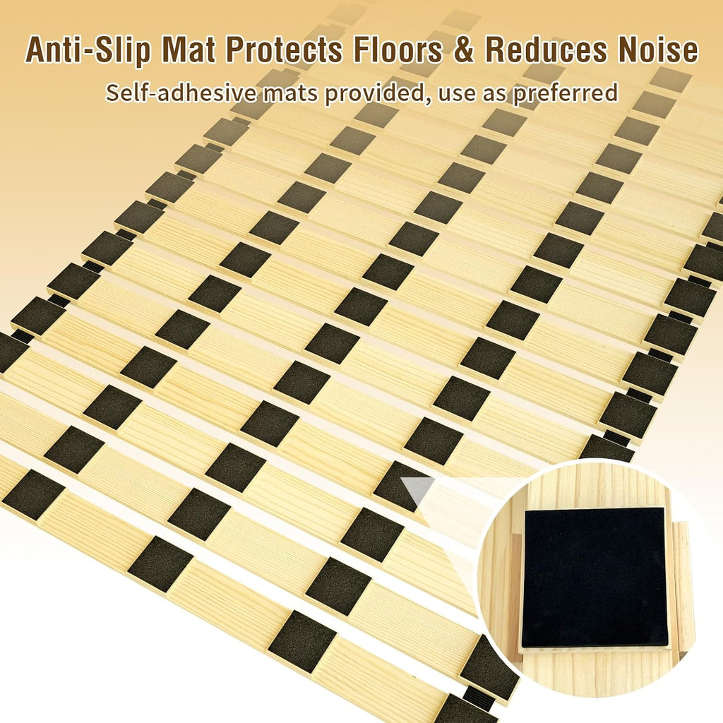 Tatami Mat Floor Bed, Knotless Solid Wood, Roll-Up Slatted, Bed Plate with 2 Storage Straps, Moisture-Proof and