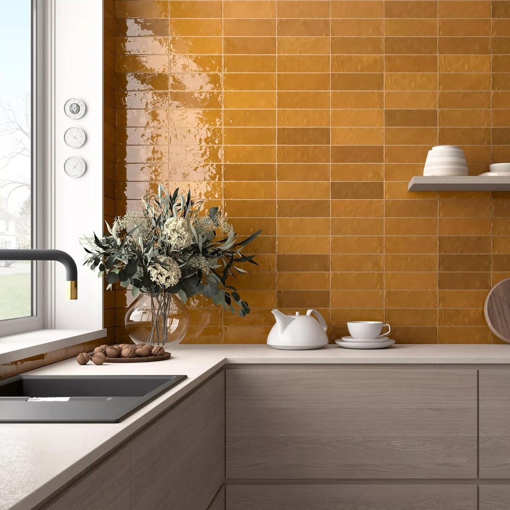 2.5x8 Mustard Glossy Handmade Look Ceramic Wall Tile - Spanish Zellige Style Subway Tile Backsplash, Bathroom, and