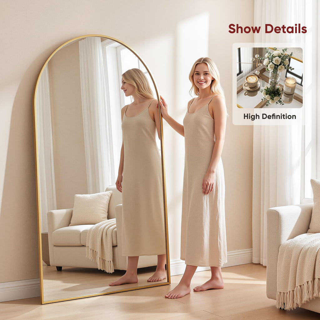 72" x 44" Arched Full Length Floor Mirror, Aluminum Frame, Gold