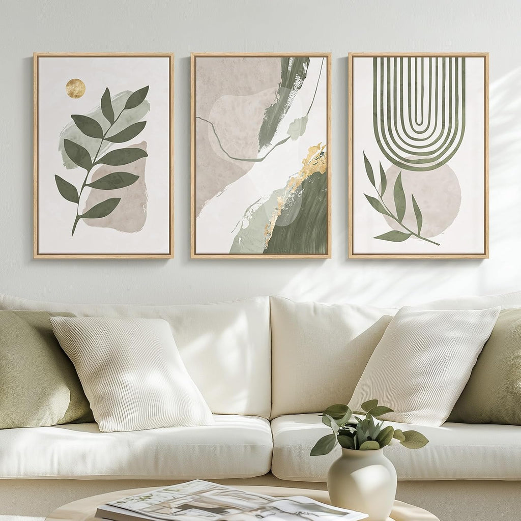 Large Framed Boho Sage Green Abstract Wall Art, 3 Piece Leaf Botanical Canvas Artworks Decor, Minimalist Geometric