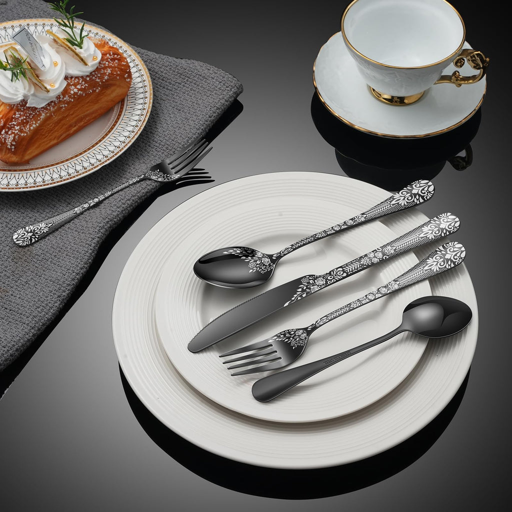 40 Piece Black Silverware Set, Stainless Steel Flatware Cutlery Set Service for 8, Mirror Polished Tableware Eating