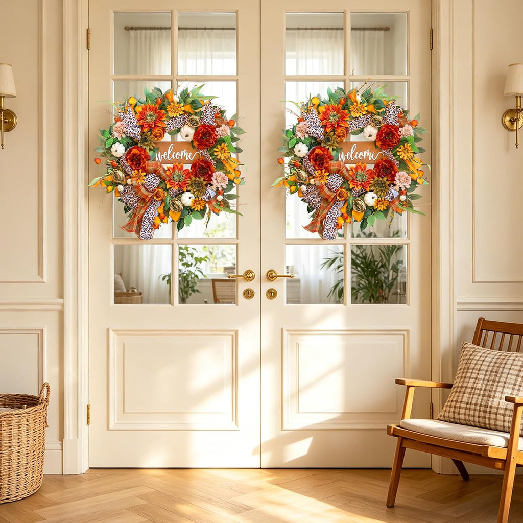 24 Inch Fall Wreaths for Front Door, Autumn Wreath with Welcome Sign