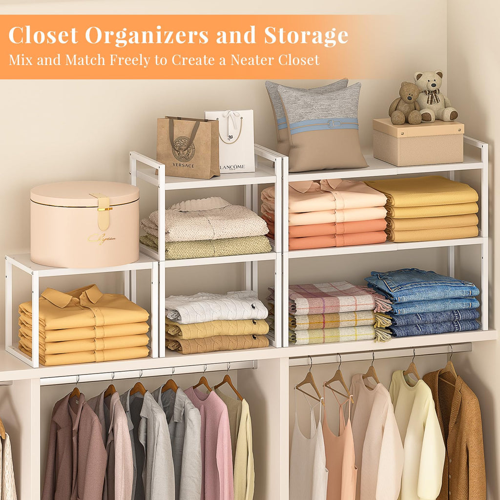 2 Pack Stackable Closet Organizers and Storage Shelves, Expandable Metal Clothing Shelf, Adjustable Shelving Unit for