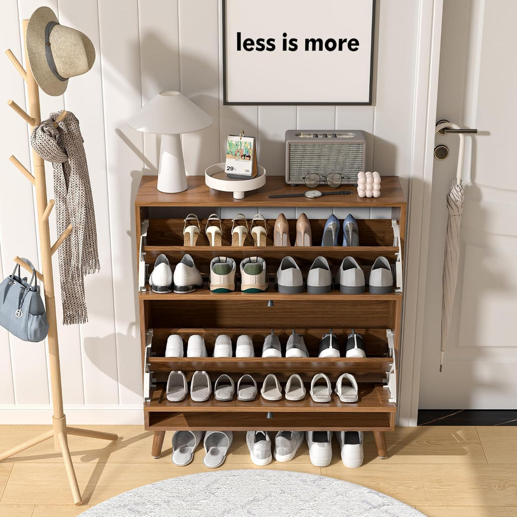 Shoe Storage Cabinet with 2 Flip Drawers, Narrow Wood Shoe Cabinet with Fluted Panel, Freestanding Hidden Shoe