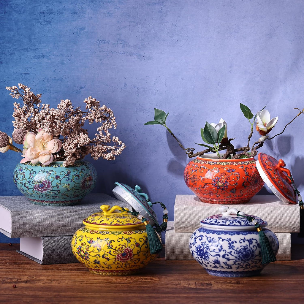 Decorative Ceramic Enamel Ginger Jar Decor - Blue and White Porcelain Storage Jar, Chinoiserie Flower Vase