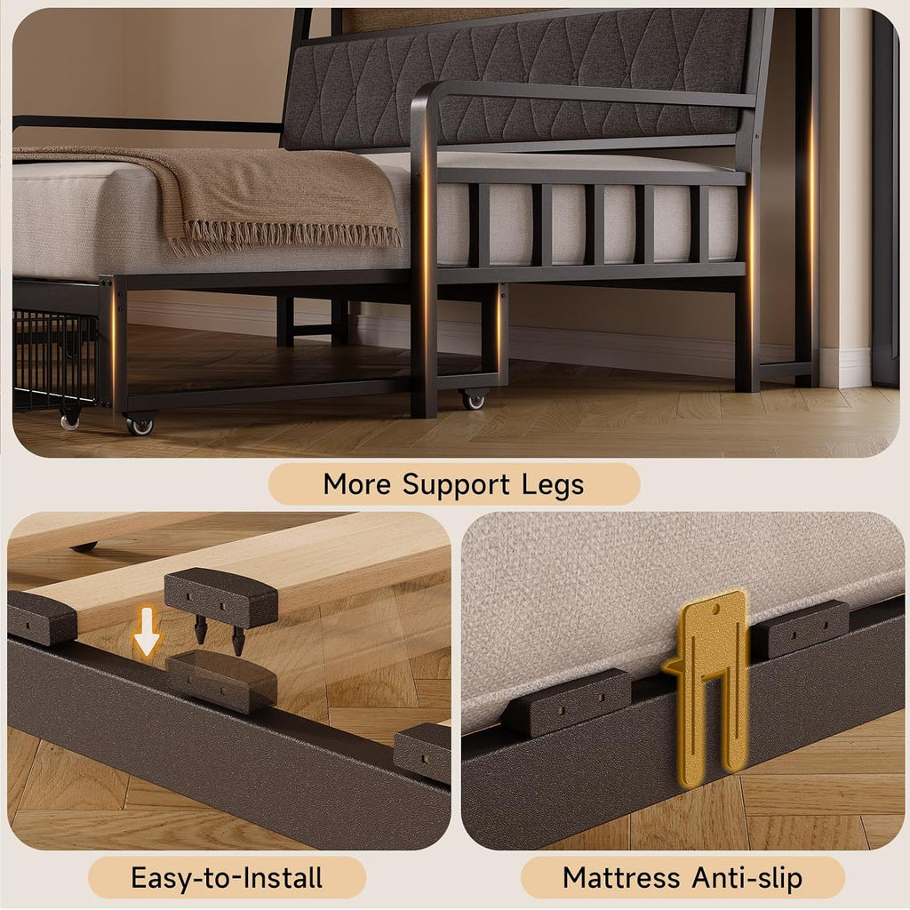 Twin Daybed with Pop up Trundle, Twin to King Daybed, Black | Metal Twin Day Bed Frame with Storage Drawers