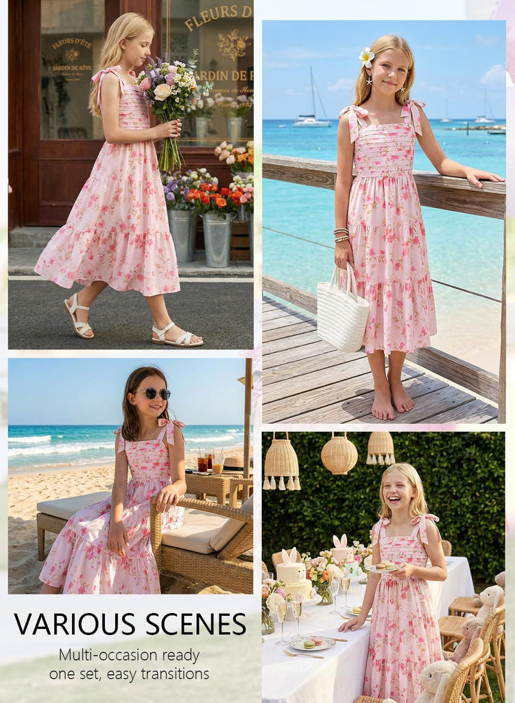 Floral Dress Summer Ruched Flowy Tiered Cami Dresses Beach Vacation Midi Sundress with Pockets