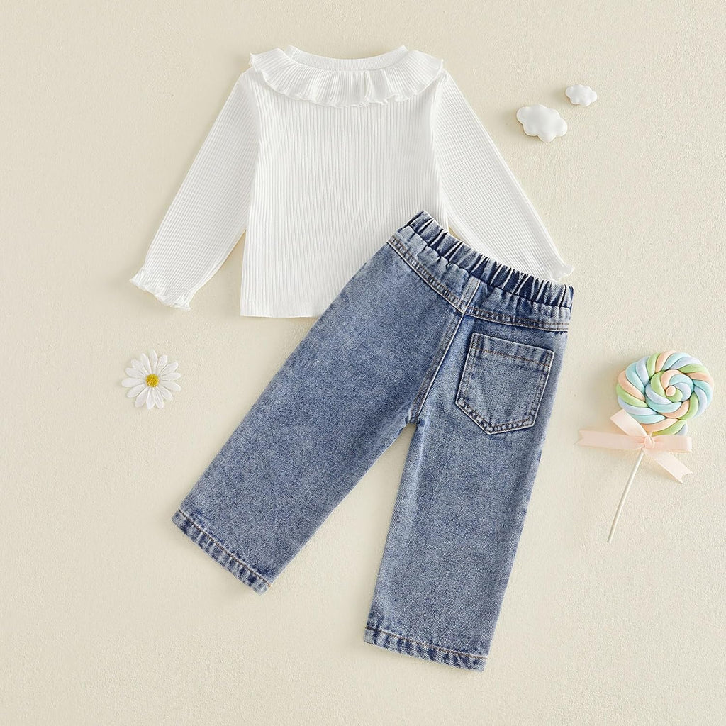 Baby Girl Fall Clothes Toddler Outfit Ruffle Ribbed Long Sleeve Shirt and Jeans Denim Pants Set 2 Piece Clothing