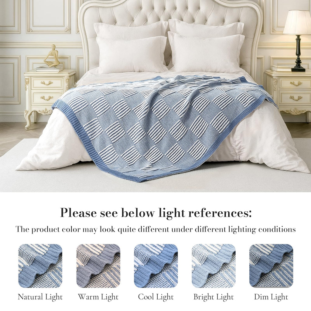 Checkered Knit Throw Blanket for Couch, Blue 50"x60"