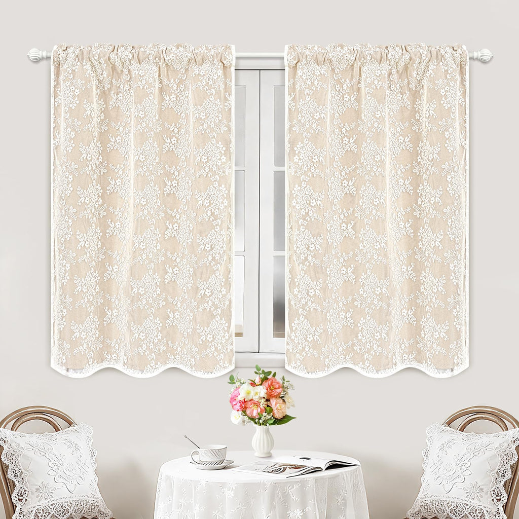 Beige Kitchen Curtains 36 Inch Length Double Layer Blackout Cafe Curtains with Floral Sheer Overlay Rod Pocket Short