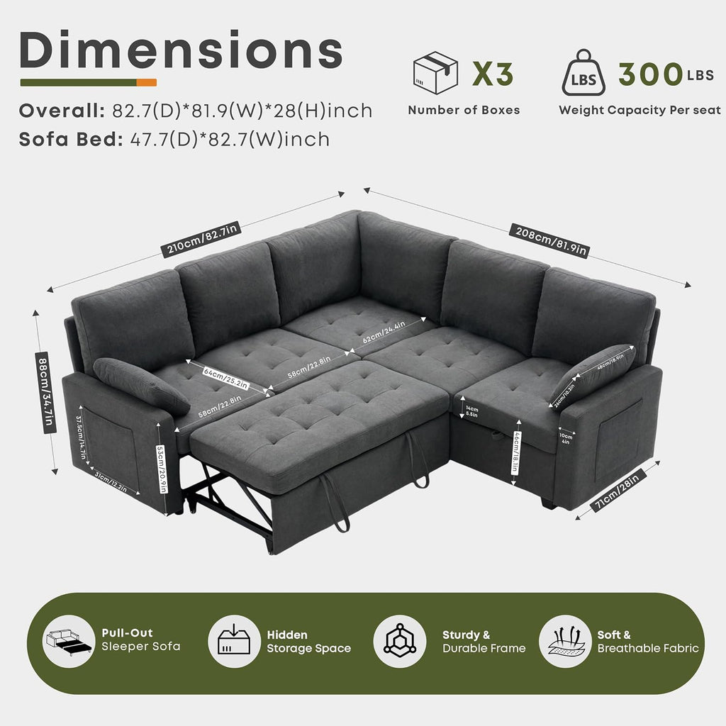 82" Pull Out Couch with Storage, Sleeper Sofa, 5 Seat L Shaped Sectional Couches , Modular Sectional Couch with
